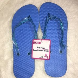 Bright Blue Foam Flip Flops Glitter Ribbon Strap